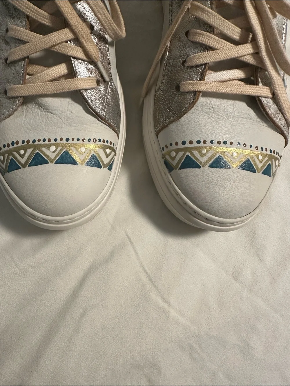 Karma of Charme Italian Leather Sneakers White Silver Blue Geometric Shoes EU 38